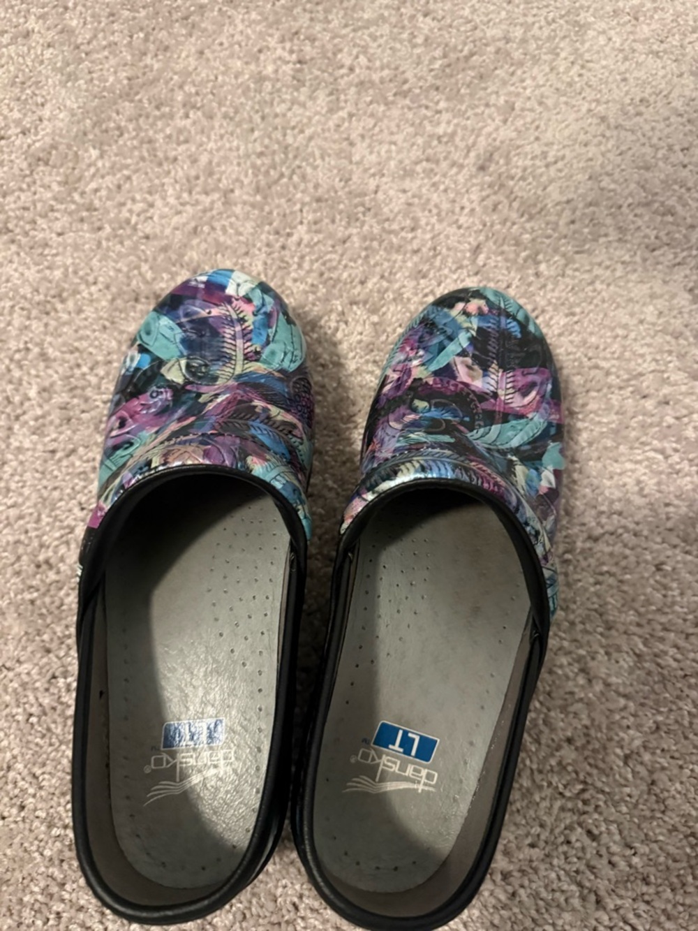 Dansko Floral-Pattern Slip-On Clogs in Teal, Purple & Black